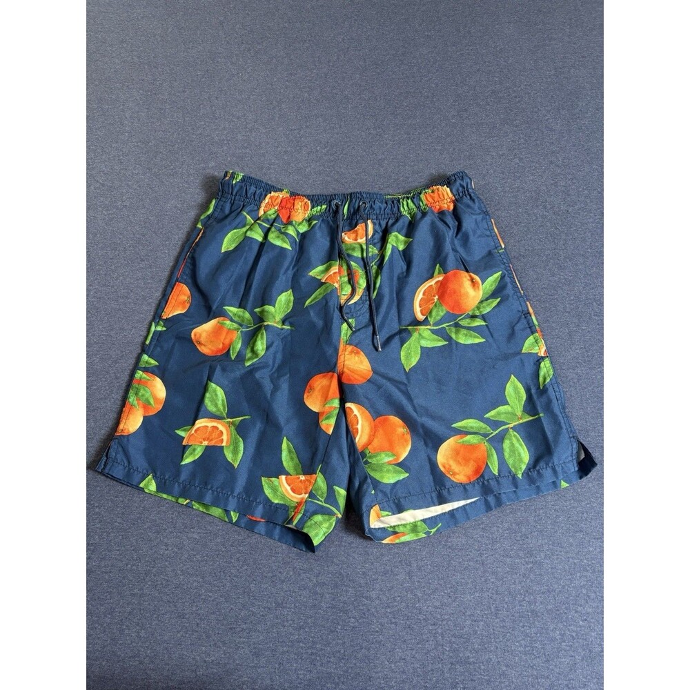 Old Navy Men's Swim Shorts Fruit Print Blue Orange Green Elastic Drawstring S